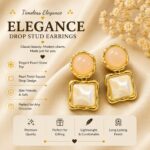 Elegant Gold-Tone Square Drop Earrings for Women with Glossy Peach Round Studs and Mother-of-Pearl Style Square Charms, Trendy Fashion Jewellery for Party, Festive, Wedding and Special Occasion Wear - Image 2