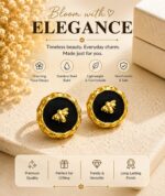Black Round Bee Motif Stud Earrings for Women | Gold-Tone Scalloped Border Cute Elegant Trendy Fashion Jewellery for Casual, Party & Festive Wear - Image 2
