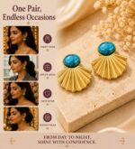 Turquoise Blue Stone Fan Shape Earrings for Women | Gold-Tone Shell Design Stud Earrings | Elegant Trendy Fashion Jewellery for Casual, Party and Festive Wear - Image 3
