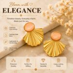 Gold Tone Shell Fan Earrings with Peach Cat Eye Stone for Women | Elegant Statement Stud Earrings | Trendy Fashion Jewellery for Party, Festive and Casual Wear - Image 2