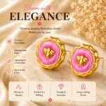 Pink Floral Round Stud Earrings with Golden Bee Design for Women | Elegant Statement Fashion Jewellery | Trendy Party, Festive and Casual Wear Earrings - Image 2