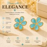 Elegant Aqua Blue Floral Stud Earrings for Women, Gold Tone Five Petal Flower Design with Artistic Swirl Pattern, Stylish Lightweight Fashion Jewellery for Party, Festive, Office and Casual Wear - Image 2