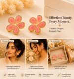 Elegant Pink Flower Stud Earrings for Women, Gold Tone Five Petal Floral Earrings with Glossy Enamel Finish, Stylish Fashion Jewellery for Party, Office, Festive and Everyday Wear - Image 2