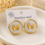 Elegant White Butterfly Stud Earrings for Women, Gold Tone Round Floral-Inspired Design with Textured White Finish, Stylish Fashion Jewellery for Party, Office, Festive and Everyday Wear