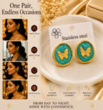 Elegant Green Butterfly Stud Earrings for Women, Gold Tone Round Earrings with Enamel Finish, Trendy Fashion Jewellery for Party, Office, Festive and Everyday Wear - Image 3