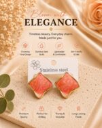 Elegant Coral Pink Enamel Square Stud Earrings for Women, Gold Tone Geometric Statement Design, Stylish Stainless Steel Fashion Jewellery for Party, Office, Festive and Everyday Wear - Image 2