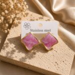Elegant Pink Enamel Square Stud Earrings for Women, Gold Tone Geometric Design with Marbled Finish, Stylish Stainless Steel Fashion Jewellery for Party, Office, Festive and Everyday Wear