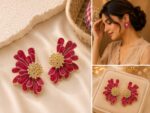 Elegant Maroon Floral Statement Stud Earrings for Women and Girls, Gold Tone Layered Flower Earrings with Intricate Beaded Center and Rich Maroon Enamel Finish, Stylish Jewellery for Party, Wedding, Festive and Everyday Wear - Image 3