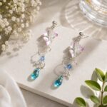 Elegant Pink Floral Blue Drop Earrings for Women Silver Tone Pearl Beaded Crystal Statement Jewellery for Party, Wedding, Festive and Stylish Occasion Wear