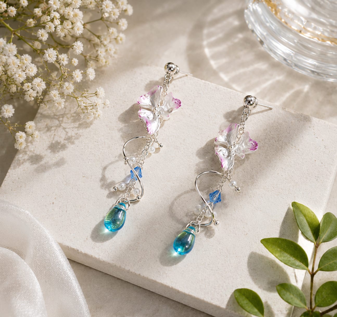 2 Elegant Pink Floral Blue Drop Earrings for Women Silver Tone Pearl Beaded Crystal Statement Jewellery for Party, Wedding, Festive and Stylish Occasion Wear - Image 1