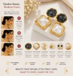 Elegant Black and White Square Drop Earrings for Women, Dual-Tone Geometric Design with Glossy Marble Effect Stones and Gold Tone Border, Trendy Fashion Jewellery for Party and Daily Wear - Image 3
