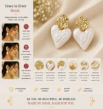 Elegant White Heart Drop Earrings for Women, Glossy Marble Effect Heart Design with Textured Gold Tone Floral Studs, Romantic Trendy Fashion Jewellery for Party, Festive and Daily Wear - Image 3