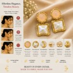 Elegant Gold-Tone Square Drop Earrings for Women with Glossy Peach Round Studs and Mother-of-Pearl Style Square Charms, Trendy Fashion Jewellery for Party, Festive, Wedding and Special Occasion Wear - Image 3