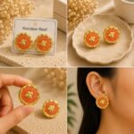 Orange Bee Stud Earrings for Women Gold Tone Round Floral Design with Bee Detail Trendy Fashion Jewellery for Party Casual Festive and Everyday Wear - Image 3