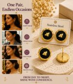 Black Round Bee Motif Stud Earrings for Women | Gold-Tone Scalloped Border Cute Elegant Trendy Fashion Jewellery for Casual, Party & Festive Wear - Image 3