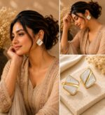 White Marble Effect Geometric Stud Earrings with Gold Tone Finish for Women | Elegant Minimal Statement Jewellery | Trendy Party, Office, Festive & Casual Wear - Image 3