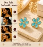 Elegant Aqua Blue Floral Stud Earrings for Women, Gold Tone Five Petal Flower Design with Artistic Swirl Pattern, Stylish Lightweight Fashion Jewellery for Party, Festive, Office and Casual Wear - Image 3