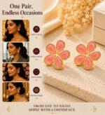 Elegant Pink Flower Stud Earrings for Women, Gold Tone Five Petal Floral Earrings with Glossy Enamel Finish, Stylish Fashion Jewellery for Party, Office, Festive and Everyday Wear - Image 3