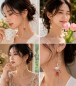 Elegant Rose Floral Asymmetrical Long Drop Earrings for Women Gold Tone Pearl Beaded Statement Jewellery for Party, Wedding, Festive and Romantic Looks - Image 4