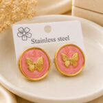 Elegant Pink Butterfly Stud Earrings for Women, Gold Tone Round Earrings with Textured Enamel Finish, Cute Fashion Jewellery for Party, Office, Festive and Everyday Wear