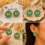 Elegant Green Butterfly Stud Earrings for Women, Gold Tone Round Earrings with Enamel Finish, Trendy Fashion Jewellery for Party, Office, Festive and Everyday Wear - Image 4