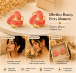 Elegant Coral Pink Enamel Statement Stud Earrings for Women, Gold Tone Geometric Floral Design Earrings, Trendy Fashion Jewellery for Party, Office, Festive and Everyday Wear - Image 2