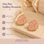 Elegant Pink Leaf Stud Earrings for Women, Gold Tone Botanical Leaf Design, Stainless Steel Fashion Jewellery, Stylish Statement Earrings for Girls, Party Wear, Festive, Wedding and Everyday Accessories - Image 3