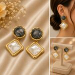 Elegant Black and White Square Drop Earrings for Women, Dual-Tone Geometric Design with Glossy Marble Effect Stones and Gold Tone Border, Trendy Fashion Jewellery for Party and Daily Wear - Image 4