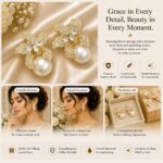 Elegant Gold Plated Floral Pearl Drop Earrings for Women, Sparkling Rhinestone Butterfly Flower Design with Large Faux Pearl, Stylish Statement Jewellery for Party, Wedding, Festive and Special Occasions - Image 4