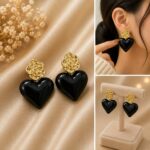 Elegant Black Heart Drop Earrings for Women, Glossy Heart-Shaped Design with Detailed Golden Rose Studs, Bold Trendy Fashion Jewellery for Party, Date Night, Festive and Special Occasion Wear - Image 3
