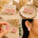 Pink Enamel Geometric Stud Earrings for Women | Gold-Tone Square Design | Elegant Trendy Fashion Jewellery for Casual, Office, Party and Festive Wear - Image 4