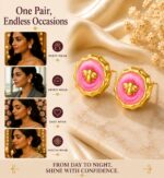 Pink Floral Round Stud Earrings with Golden Bee Design for Women | Elegant Statement Fashion Jewellery | Trendy Party, Festive and Casual Wear Earrings - Image 4