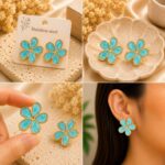 Elegant Aqua Blue Floral Stud Earrings for Women, Gold Tone Five Petal Flower Design with Artistic Swirl Pattern, Stylish Lightweight Fashion Jewellery for Party, Festive, Office and Casual Wear - Image 4