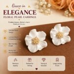 Elegant White Floral Stud Earrings for Women, Beautiful Flower Shaped Design with Pearl and Sparkling Rhinestone Center, Stylish Statement Fashion Jewellery for Party, Wedding, Festive and Special Occasions - Image 4