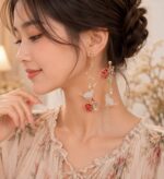 Elegant Rose Floral Asymmetrical Long Drop Earrings for Women Gold Tone Pearl Beaded Statement Jewellery for Party, Wedding, Festive and Romantic Looks - Image 3