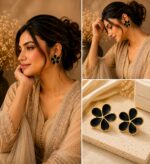 Elegant Black Flower Stud Earrings for Women, Gold Tone Five Petal Floral Design, Stylish Minimalist Fashion Jewellery for Party, Festive, Office and Everyday Wear - Image 4