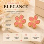 Elegant Pink Flower Stud Earrings for Women, Gold Tone Five Petal Floral Earrings with Glossy Enamel Finish, Stylish Fashion Jewellery for Party, Office, Festive and Everyday Wear - Image 4
