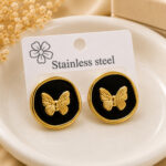 Elegant Black Butterfly Stud Earrings for Women, Gold Tone Round Earrings with Glossy Finish, Cute Fashion Jewellery for Party, Office, Festive and Everyday Wear