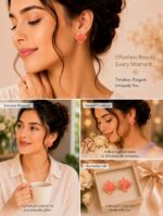 Elegant Coral Pink Enamel Square Stud Earrings for Women, Gold Tone Geometric Statement Design, Stylish Stainless Steel Fashion Jewellery for Party, Office, Festive and Everyday Wear - Image 4