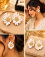Elegant White Floral Statement Stud Earrings for Women and Girls, Gold Tone Layered Flower Earrings with Intricate Beaded Center and Soft White Enamel Finish, Stylish Jewellery for Party, Wedding, Festive and Everyday Wear - Image 5