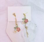 Elegant Floral Heart Drop Earrings for Women Gold Tone Crystal Heart Pink Flower Green Leaf Pearl Chain Statement Jewellery for Party Wedding Festive Wear - Image 3