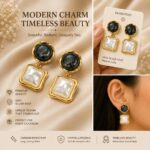 Elegant Black and White Square Drop Earrings for Women, Dual-Tone Geometric Design with Glossy Marble Effect Stones and Gold Tone Border, Trendy Fashion Jewellery for Party and Daily Wear - Image 5