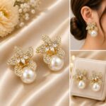Elegant Gold Plated Floral Pearl Drop Earrings for Women, Sparkling Rhinestone Butterfly Flower Design with Large Faux Pearl, Stylish Statement Jewellery for Party, Wedding, Festive and Special Occasions - Image 5
