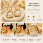 Elegant Gold-Tone Square Drop Earrings for Women with Glossy Peach Round Studs and Mother-of-Pearl Style Square Charms, Trendy Fashion Jewellery for Party, Festive, Wedding and Special Occasion Wear - Image 5