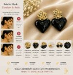 Elegant Black Heart Drop Earrings for Women, Glossy Heart-Shaped Design with Detailed Golden Rose Studs, Bold Trendy Fashion Jewellery for Party, Date Night, Festive and Special Occasion Wear - Image 4