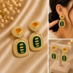 Elegant Green and Golden Drop Earrings for Women, Premium Geometric Design with Green Enamel Detailing, Amber Center Stones and Sparkling Crystal Border, Trendy Statement Fashion Jewellery for Party, Wedding and Festive Wear - Image 6