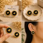 Black Round Bee Motif Stud Earrings for Women | Gold-Tone Scalloped Border Cute Elegant Trendy Fashion Jewellery for Casual, Party & Festive Wear - Image 5