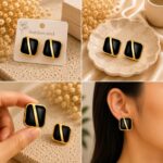 Black Enamel Geometric Stud Earrings for Women | Gold-Tone Square Design | Elegant Minimalist Trendy Fashion Jewellery for Casual, Office, Party and Festive Wear - Image 5