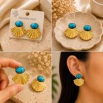 Turquoise Blue Stone Fan Shape Earrings for Women | Gold-Tone Shell Design Stud Earrings | Elegant Trendy Fashion Jewellery for Casual, Party and Festive Wear - Image 6