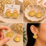 Gold Tone Shell Fan Earrings with Peach Cat Eye Stone for Women | Elegant Statement Stud Earrings | Trendy Fashion Jewellery for Party, Festive and Casual Wear - Image 5